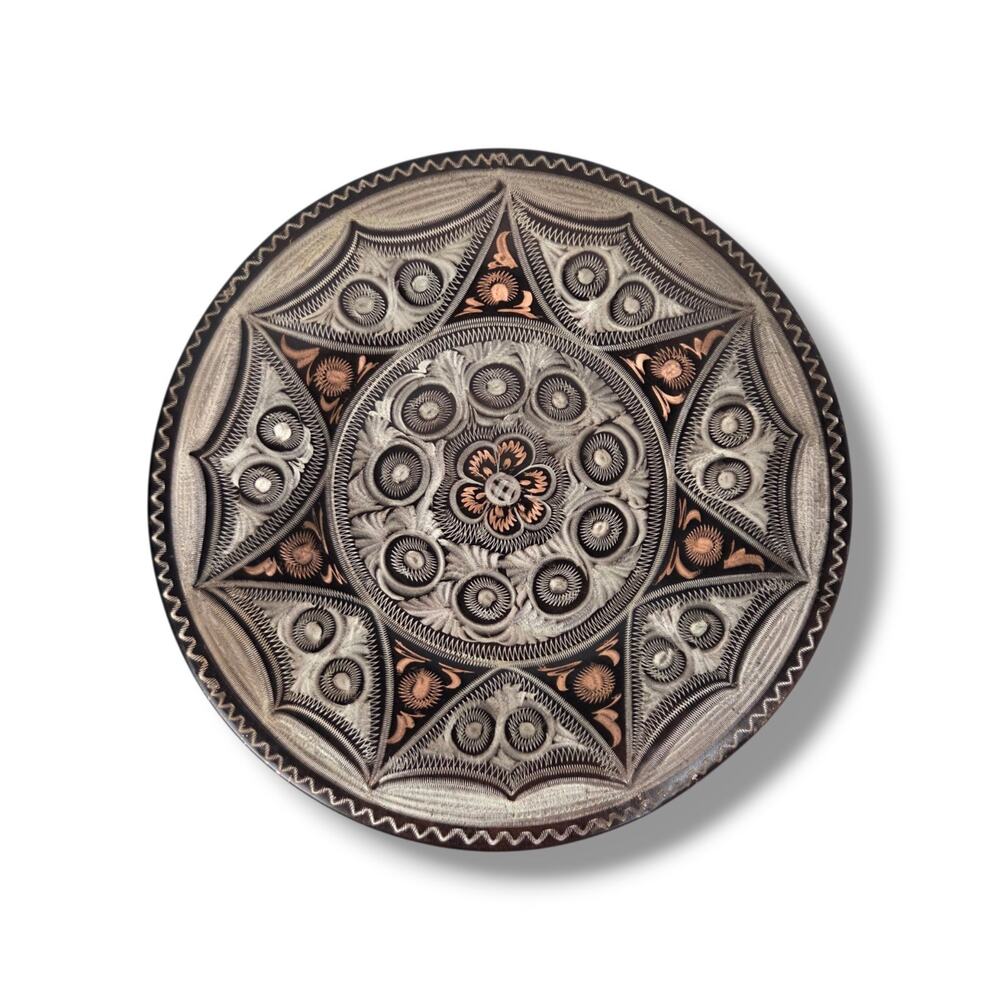 Turkish Floral Design Ornate Etched Copper Decorative Wall Plate 9.25” Vintage